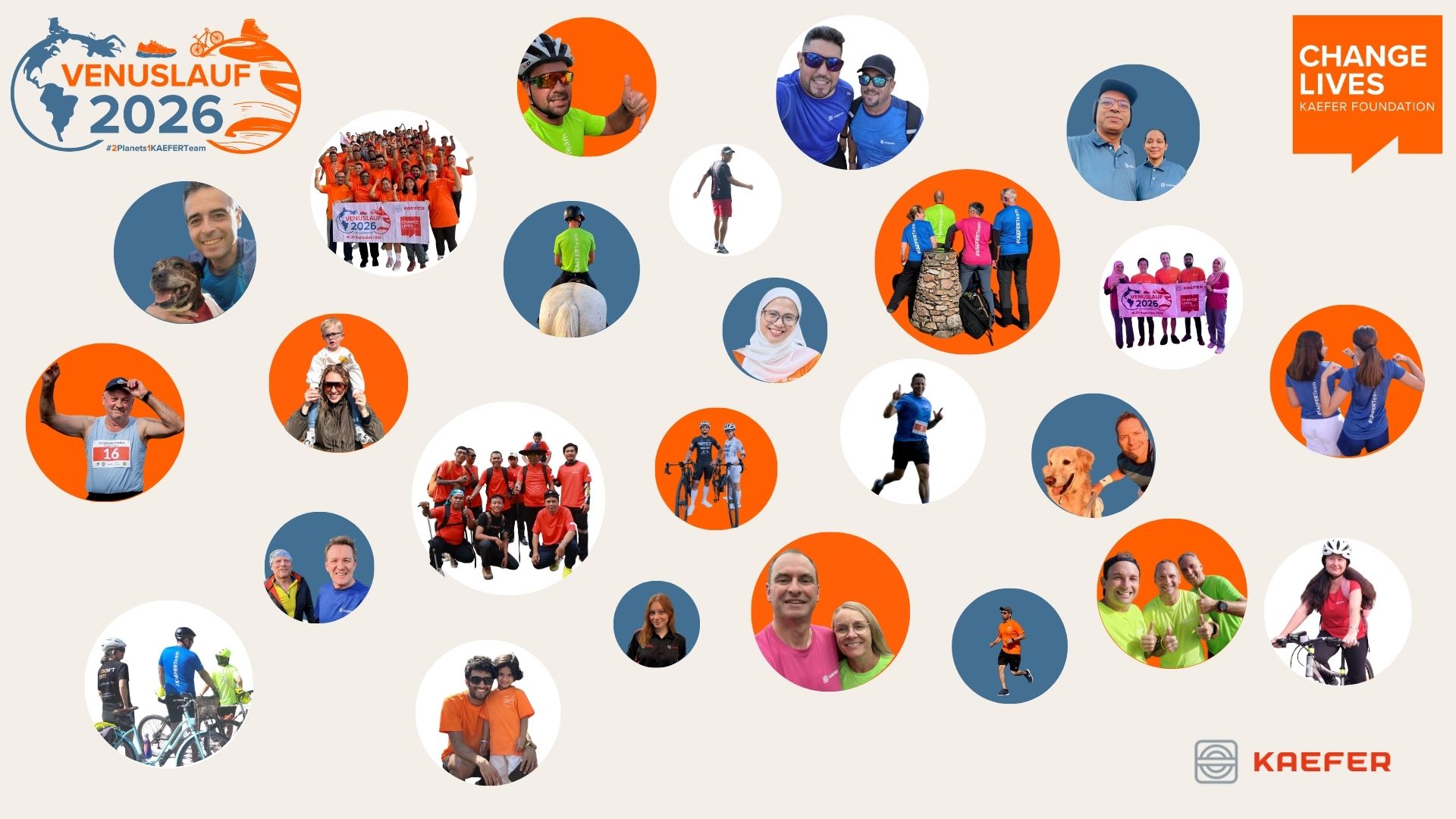 The header shows many smaller bubbles filles with photos from people doing activities for Venuslauf 2026, e.g. running, biking, group pics etc.