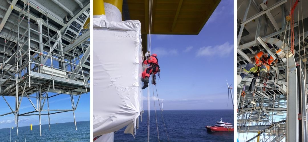 Pic 1: Hanging scaffold
Pic 2: Rope access technician thermal wrapping a structure above the water
Pic 3: Rope access technician working at height at the substation